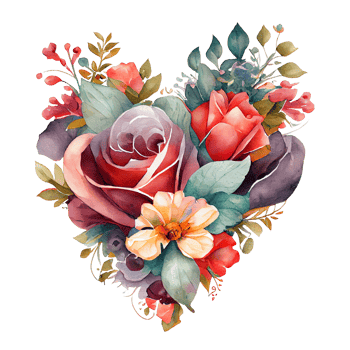 heart shaped rose bouquet, Romantic heart vignette made of vintage flowers and leaves of roses in gentle retro style watercolor painting, PNG transparent background, .