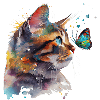 Cat with butterfly watercolor, cat looking at butterfly. png