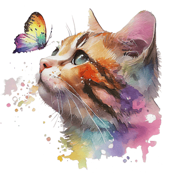 Cat with butterfly watercolor, cat looking at butterfly. png