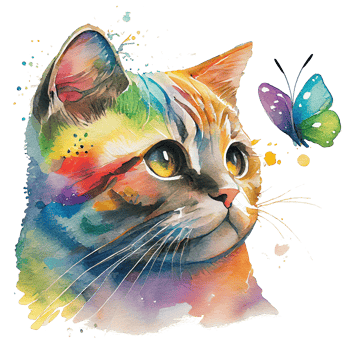 Cat with butterfly watercolor, cat looking at butterfly. png