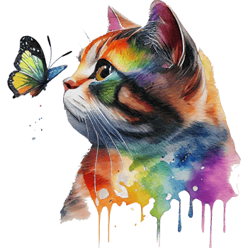 Cat with butterfly watercolor, cat looking at butterfly. png