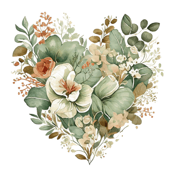 heart shaped Sage Green and Ivory Flowers bouquet, Romantic heart vignette made of vintage flowers and leaves, Sage Green and Ivory Flowers in gentle retro style watercolor painting, PNG transparent