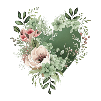 heart shaped Sage Green and Ivory Flowers bouquet, Romantic heart vignette made of vintage flowers and leaves, Sage Green and Ivory Flowers in gentle retro style watercolor painting, PNG transparent