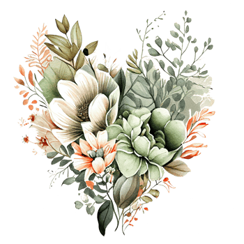 heart shaped Sage Green and Ivory Flowers bouquet, Romantic heart vignette made of vintage flowers and leaves, Sage Green and Ivory Flowers in gentle retro style watercolor painting, PNG transparent