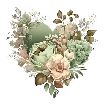 heart shaped Sage Green and Ivory Flowers bouquet, Romantic heart vignette made of vintage flowers and leaves, Sage Green and Ivory Flowers in gentle retro style watercolor painting, PNG transparent
