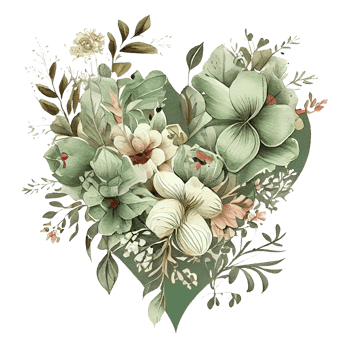 heart shaped Sage Green and Ivory Flowers bouquet, Romantic heart vignette made of vintage flowers and leaves, Sage Green and Ivory Flowers in gentle retro style watercolor painting, PNG transparent