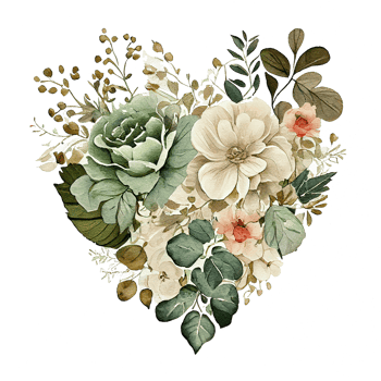 heart shaped Sage Green and Ivory Flowers bouquet, Romantic heart vignette made of vintage flowers and leaves, Sage Green and Ivory Flowers in gentle retro style watercolor painting, PNG transparent