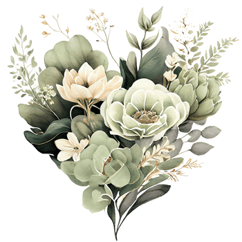 heart shaped Sage Green and Ivory Flowers bouquet, Romantic heart vignette made of vintage flowers and leaves, Sage Green and Ivory Flowers in gentle retro style watercolor painting, PNG transparent