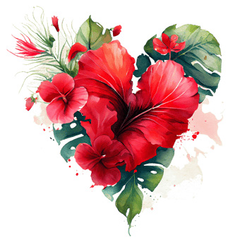 heart shaped hibiscus bouquet, Romantic heart vignette made of vintage flowers and leaves of hibiscus in gentle retro style watercolor painting, PNG transparent background, .