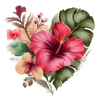 heart shaped hibiscus bouquet, Romantic heart vignette made of vintage flowers and leaves of hibiscus in gentle retro style watercolor painting, PNG transparent background, .