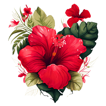 heart shaped hibiscus bouquet, Romantic heart vignette made of vintage flowers and leaves of hibiscus in gentle retro style watercolor painting, PNG transparent background, .