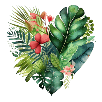 heart shaped tropical leaf bouquet, Romantic heart vignette made of vintage tropical leaves gentle retro style watercolor painting, PNG transparent background, .