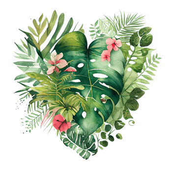 heart shaped tropical leaf bouquet, Romantic heart vignette made of vintage tropical leaves gentle retro style watercolor painting, PNG transparent background, .
