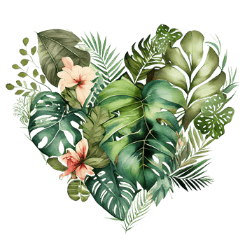 heart shaped tropical leaf bouquet, Romantic heart vignette made of vintage tropical leaves gentle retro style watercolor painting, PNG transparent background, .
