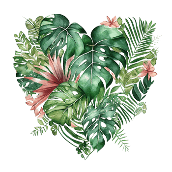 heart shaped tropical leaf bouquet, Romantic heart vignette made of vintage tropical leaves gentle retro style watercolor painting, PNG transparent background, .