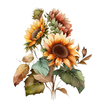 Watercolor floral bouquet composition with Sunflower, png transparent background, .