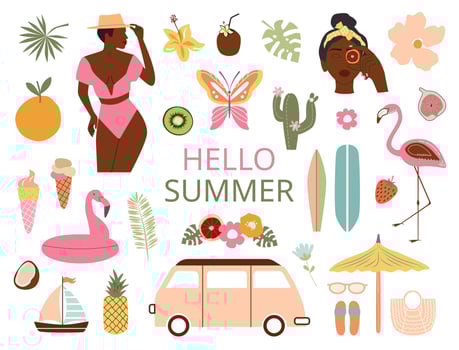 Big summer clipart. Tanned beautiful girl in bikini, fruits, flowers, flamingo, beach umbrella, ice-cream, tropical leaves, sunglasses, surf board, bus. Hello summer inscription. Summer vibes concept. vector
