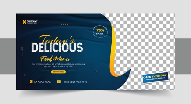 Restaurant food menu social media marketing web banner. Pizza, burger or hamburger online sale promotion video thumbnail. Fast food website background. Food flyer with logo vector