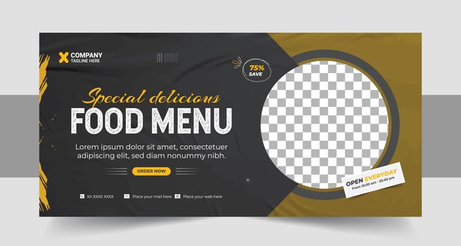 Restaurant food menu social media marketing web banner. Pizza, burger or hamburger online sale promotion video thumbnail. Fast food website background. Food flyer with logo vector