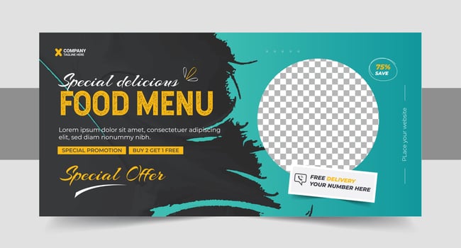 Restaurant food menu social media marketing web banner. Pizza, burger or hamburger online sale promotion video thumbnail. Fast food website background. vector