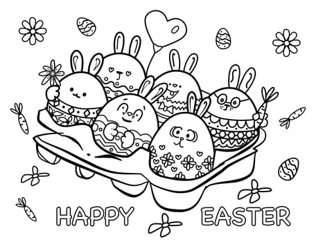 Vector illustration Happy Easter, black and white coloring page, funny eggs, flowers, carrots on white isolated background