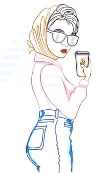 Vector illustration lineart the girl with a cup of coffee