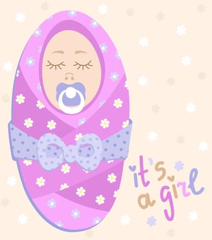 It's a girl. Newborn baby in pink blanket with pacifier. vector