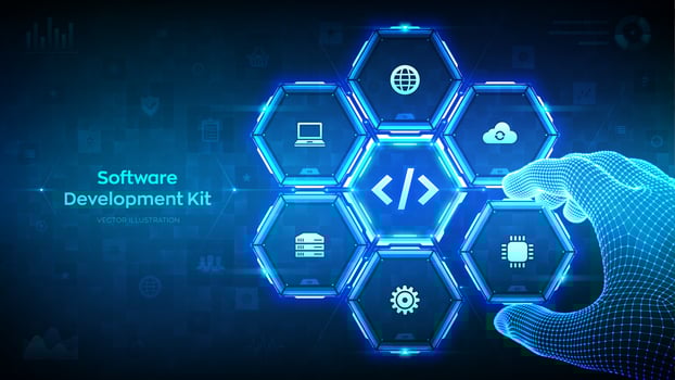 SDK. Software development kit programming language technology concept on virtual screen. Programming code. Wireframe hand places an element into a composition visualizing SDK. Vector illustration.