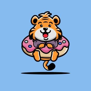 Cute tiger hug big doughnut cartoon vector