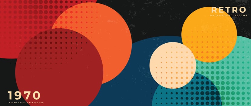 Abstract colorful 70s background vector. Vintage retro style wallpaper with geometric shapes, circle, dots, grunge. 1970 color illustrated design suitable for poster, banner, decorative, wall art. vector