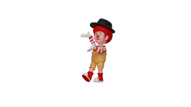 3D illustration. Amazing clown 3D cartoon character. Clown showing something with both hands. The clown shows a proud expression of being able to entertain so many people. 3D cartoon character png