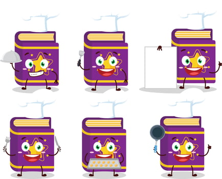 Cartoon character of magic book with various chef emoticons vector