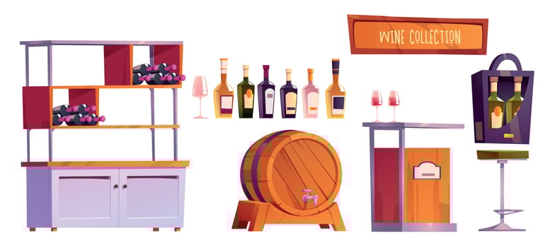 Wine shop or bar interior objects set with bottle vector