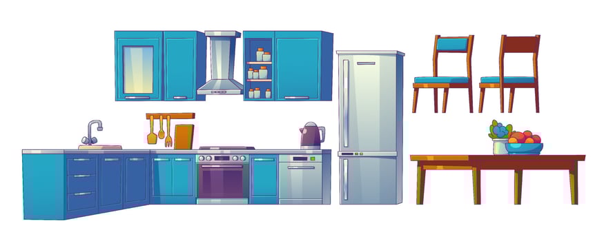 Kitchen room vector interior with table and fridge