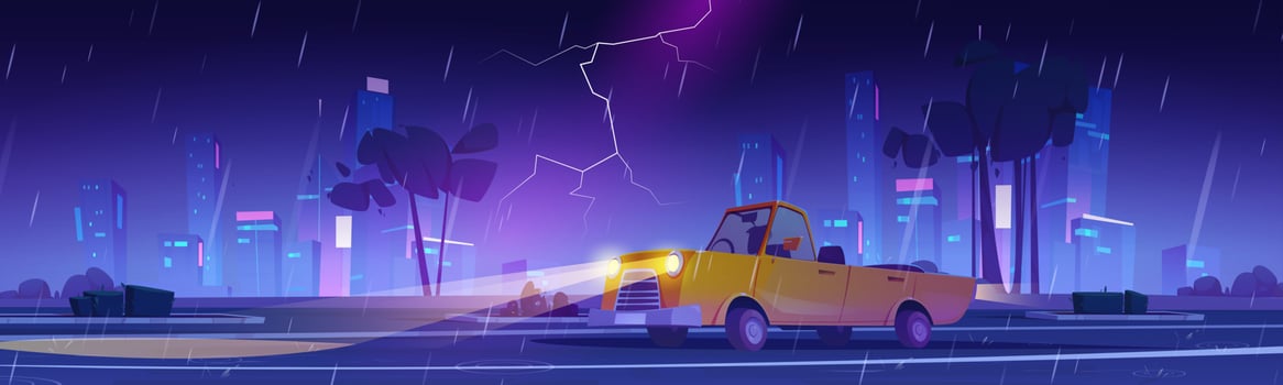 Car drive on city street in rain at night vector