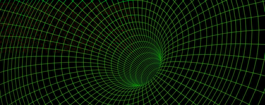 Green wireframe wormhole on black, 3d funnel vector