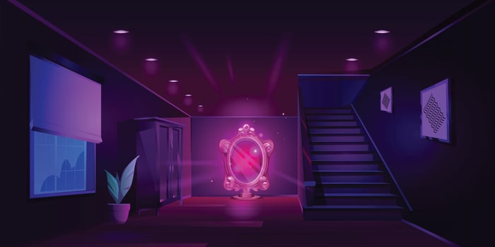Magic mirror, fantasy portal in home interior vector