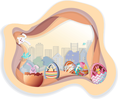 Happy easter with set of easter eggs on step of groud with row of tree and building in background. png
