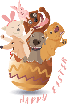 Funny easter, cute cartoon of dogs hatching from easter eggs with pink bunny rabbit. png