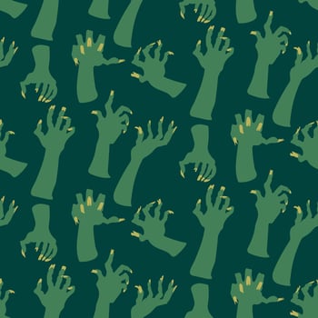 A pattern of dead man's hands, zombie hands trying to grab each other. Attacking green hands. It is well suited for Halloween-style decoration of paper and textile products. Scary hands on a green vector