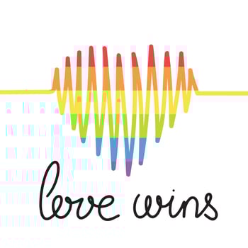 Love wins square banner with heart and rainbow. vector