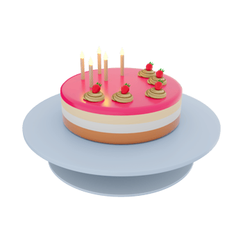 3d rendering tasty birthday cake with colorful candles and ripe strawberries icon. 3d render delicous desert on a tray icon. Tasty birthday cake with colorful candles and ripe strawberries. png