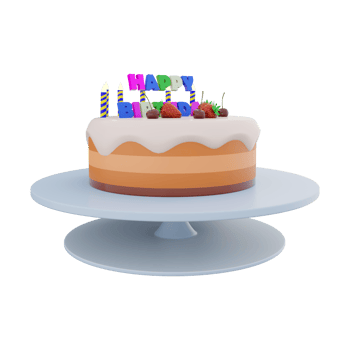 3d rendering birthday cake with colorful banner and candles with berries on top icon . 3d render birthday greeting with fruit cake, ripe berries and candles icon. Birthday cake with colorful banner. png