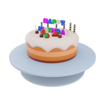 3d rendering birthday cake with colorful banner and candles with berries on top icon . 3d render birthday greeting with fruit cake, ripe berries and candles icon. Birthday cake with colorful banner. png