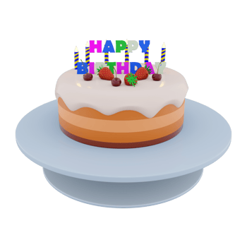 3d rendering birthday cake with colorful banner and candles with berries on top icon . 3d render birthday greeting with fruit cake, ripe berries and candles icon. Birthday cake with colorful banner. png