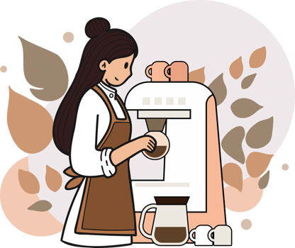 Female barista making coffee from coffee machine illustration in doodle style png