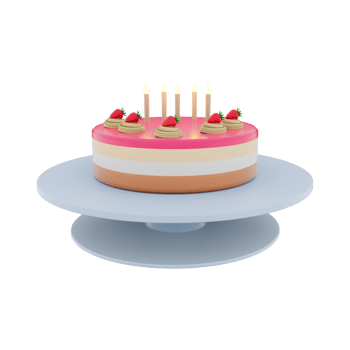3d rendering tasty birthday cake with colorful candles and ripe strawberries icon. 3d render delicous desert on a tray icon. Tasty birthday cake with colorful candles and ripe strawberries. png
