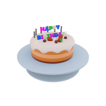 3d rendering birthday cake with colorful banner and candles with berries on top icon . 3d render birthday greeting with fruit cake, ripe berries and candles icon. Birthday cake with colorful banner. png