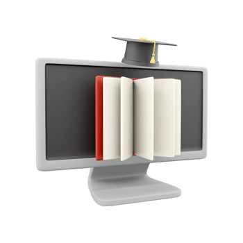 3d illustration online library illustration concept. 3d book, computer, keyboard and cup icons. png