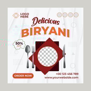 Delicious Biryani- social media post template. Suitable for social media posts and web or internet ads. Vector illustration with Photo College.